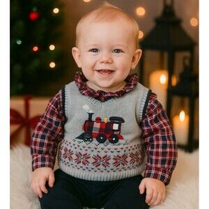 Toddler Boys Gray Train Sweater Vest 12M Cotton Knit Holiday Winter Christmas